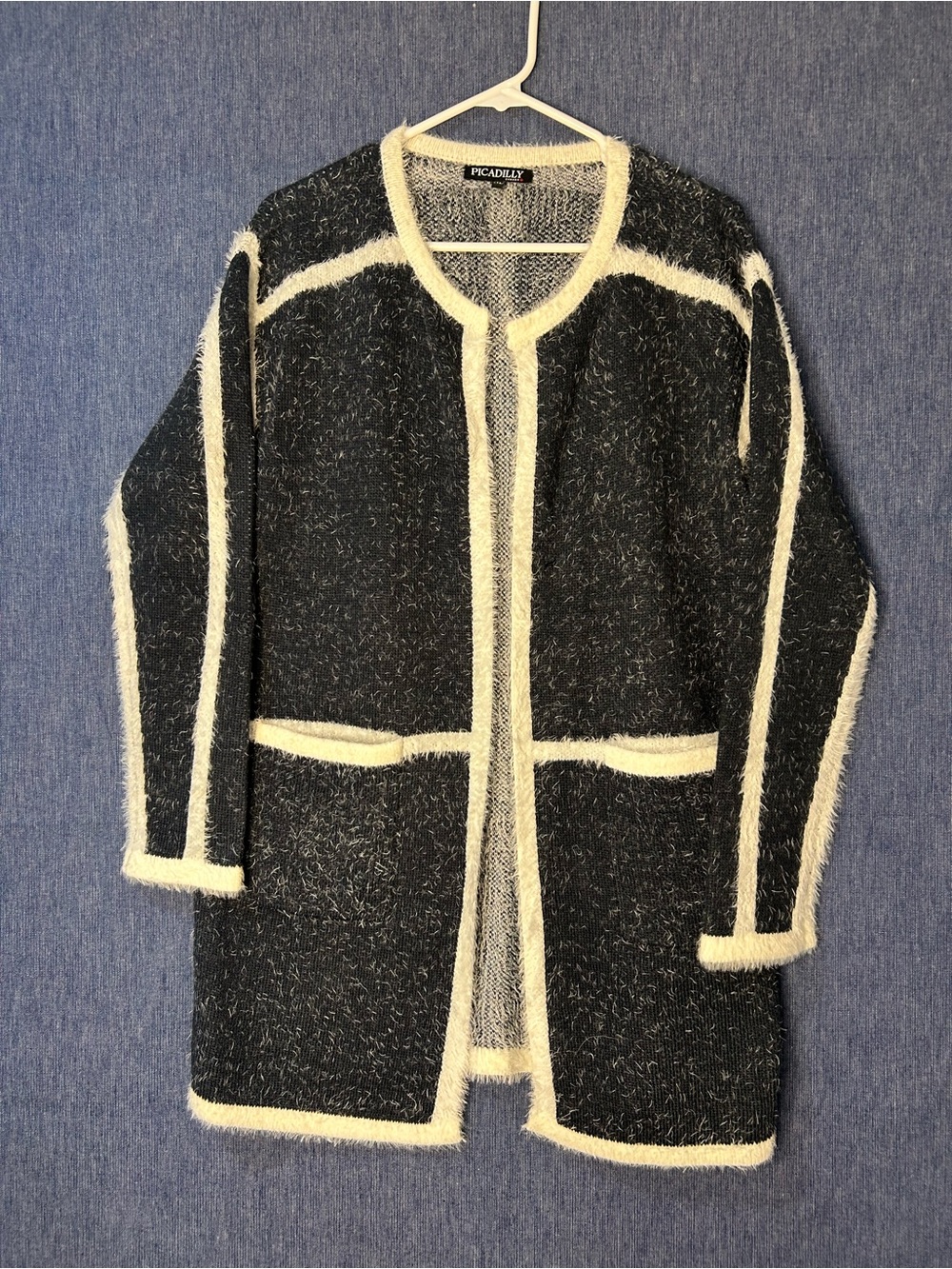 Piccadilly Canada Black & White Open-Front Fuzzy Cardigan Sweater
